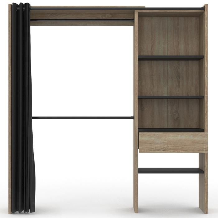 IDMARKET Dressing extensible MARTY 120/170 x 50 x 180 cm hêtre avec étagères + double penderie + rideau noir