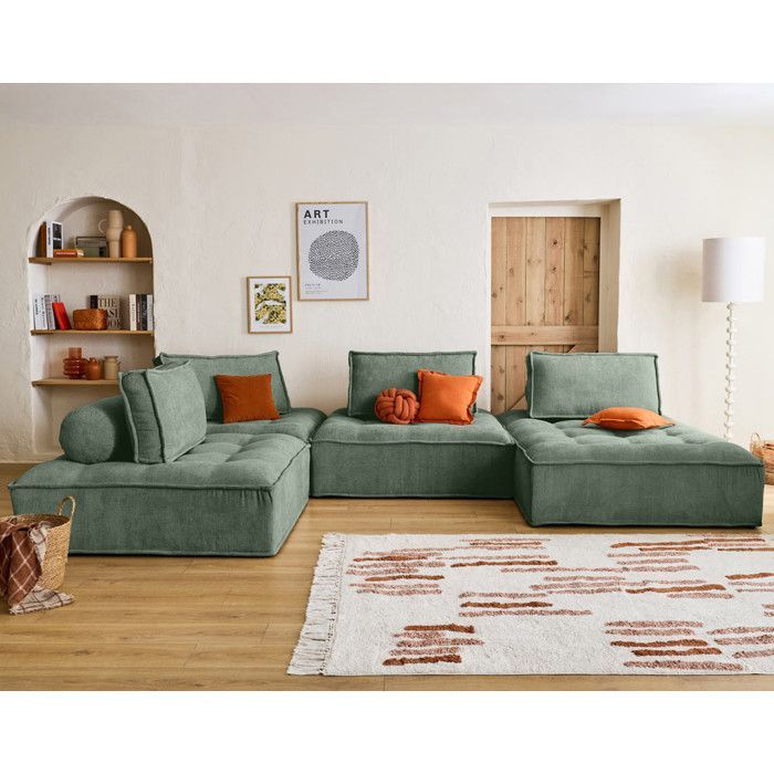 Marisol - canapé panoramique modulable 7 places - velours texturé - Vert