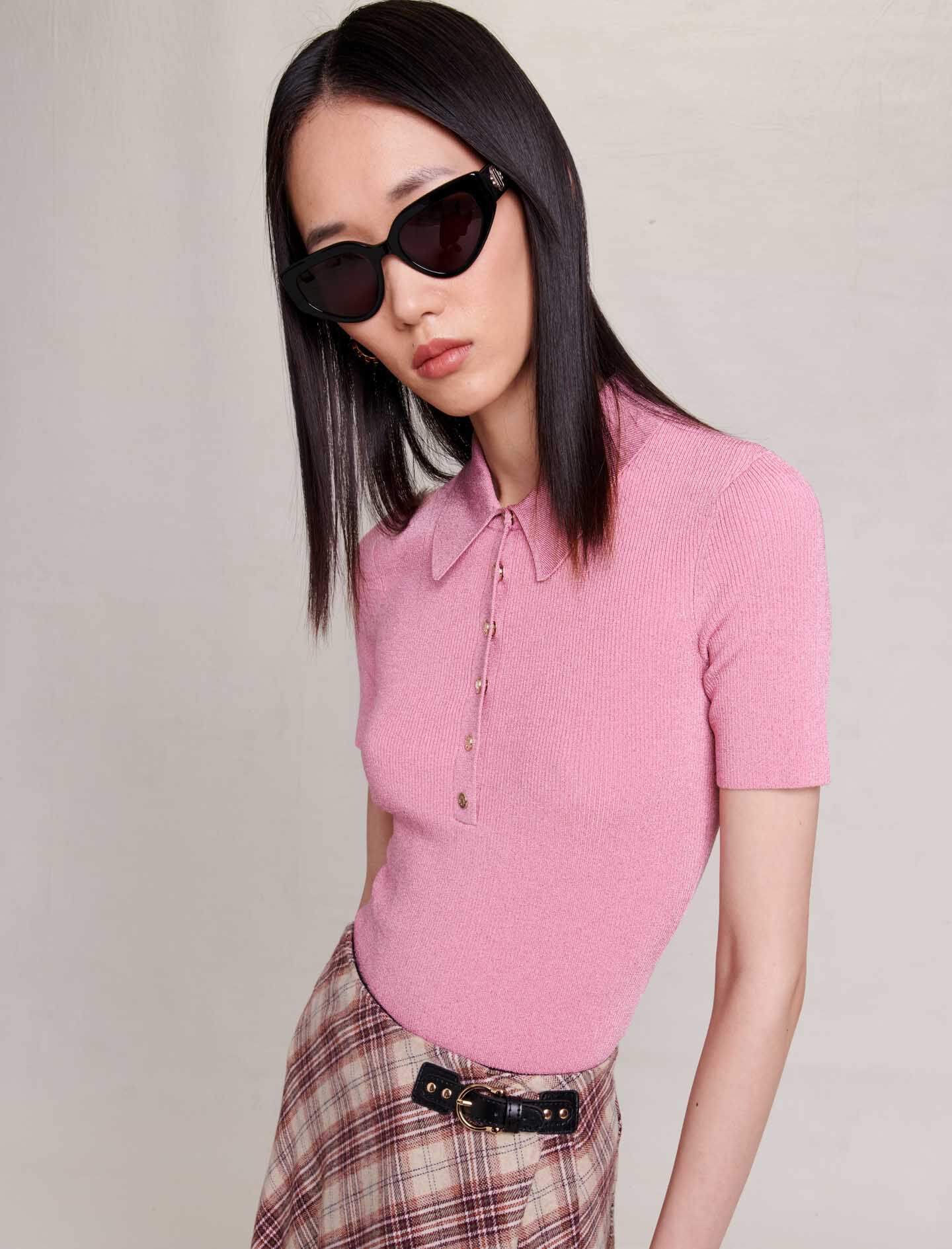 Tricou polo tricotat strălucitor - Roz deschis