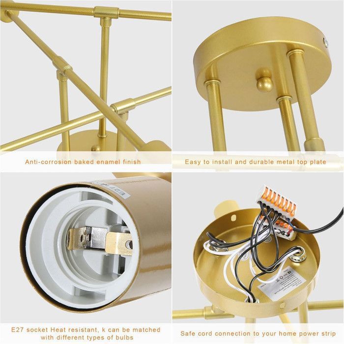 Lámpara de techo industrial DELIPOP, 6 bombillas E27, iluminación de techo metálica, lámpara de techo retro para sala de estar, cocina, dormitorio - Dorado