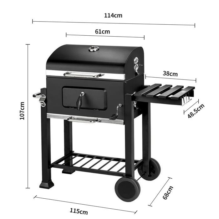 Barbacoa de carbón QIAN - Parrilla 3 en 1 - Parrilla grande de 55x36 cm - Termómetro - Negra