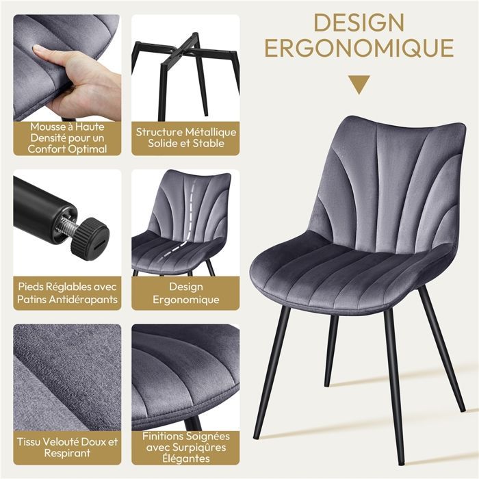 Yaheetech Lot de 4 Chaises de Salle à Manger avec Dossier Chaise de Cuisine Rétro Assise en Velours et Pieds en Métal Gris Foncé
