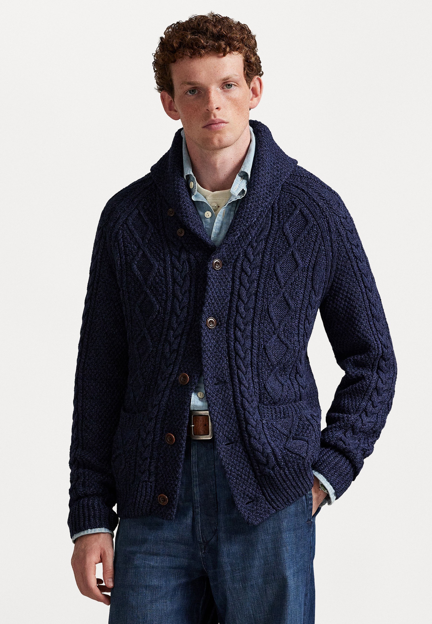 Polo Ralph Lauren ARAN-gebreid katoenen vest met sjaalkraag - Vest - marineblauw