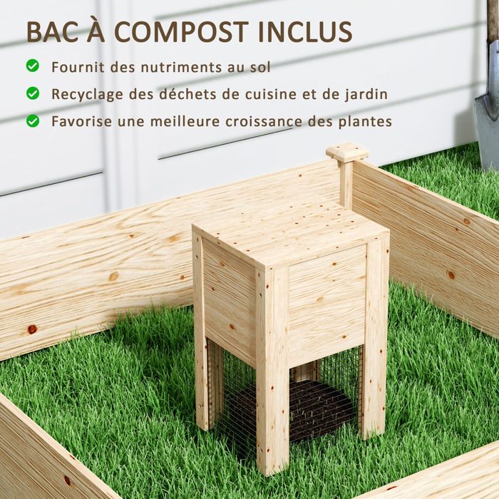Planter - Outsunny - with compost bin - open bottom design - for vegetables and flowers - made of wood - 123 x 123 x 25.5 cm natural wood