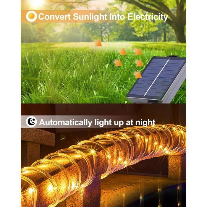 Guirnalda de luces solares para exteriores, 12 m, 100 LED, 8 modos, resistente al agua, ideal para decorar jardines, patios y balcones (blanco cálido).