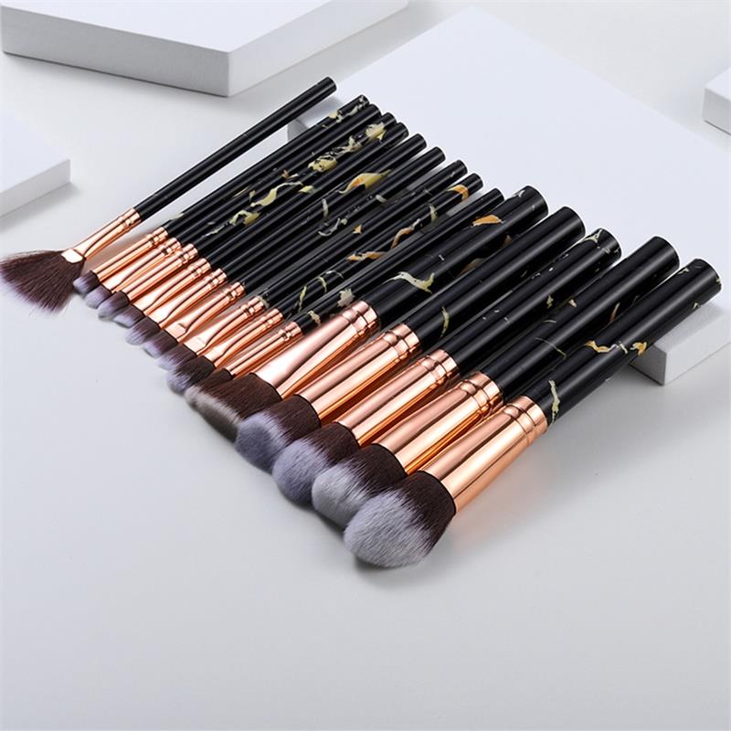 Conjunto de 5, 8, 10 e 15 pincéis de maquiagem com efeito mármore para sombra, base e pó. Ideal para controle de contornos e maquiagem.
