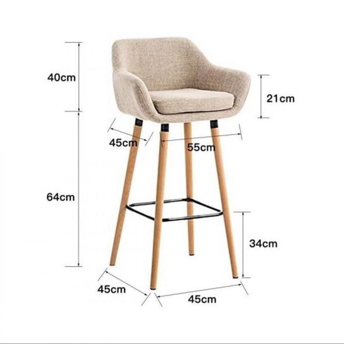 MIPAN. Juego de 4 taburetes de bar de lino con patas de madera - Sillas altas de bar tapizadas en tela - Taburetes de bar color beige