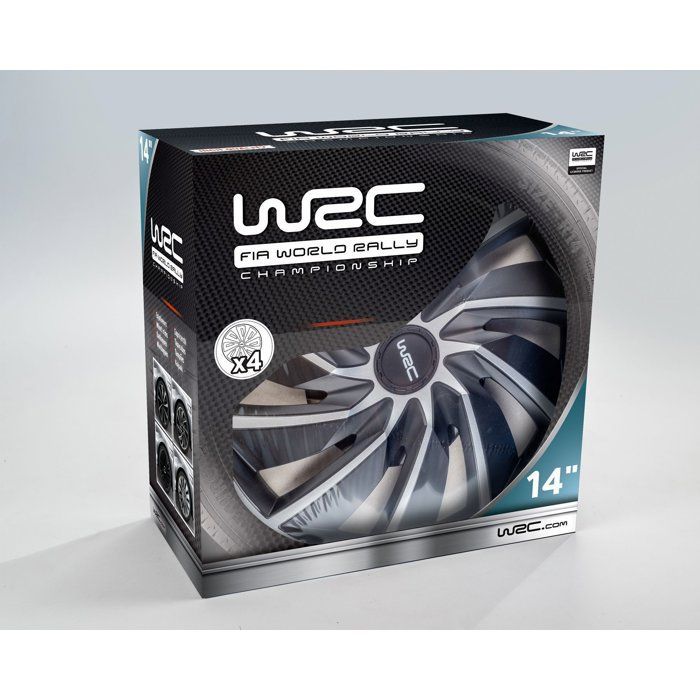 Juego de 4 embellecedores de rueda de 14 pulgadas en dos tonos, gris y negro - WRC - TURBO - Estilo deportivo - Instalación rápida y sencilla mediante clip.