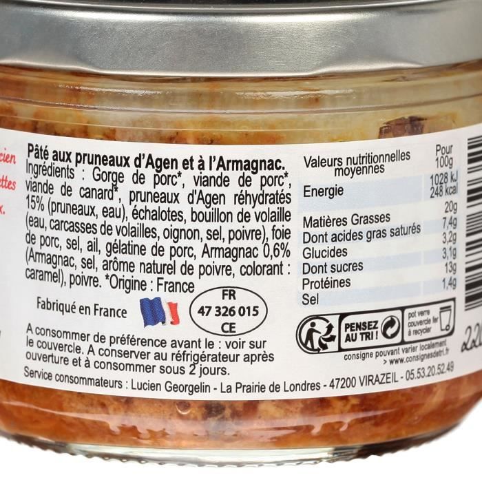 LUCIEN GEORGELIN Patê Gascon com Armagnac e Ameixas Agen - 220 g