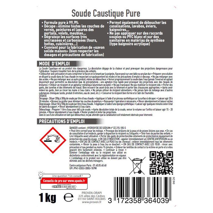SPADO -Soude caustique pure -Décape -Débouche canalisation -Dégraissant surpuissant -Fabrication savon - 1kg -Fabriqué en France