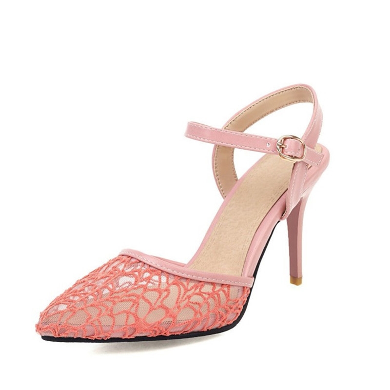Summer Fashion Women High Heels Slingback Sandals Pointed Toe Mesh Lace Sandals Hollow out Big Size Female Party Shoes