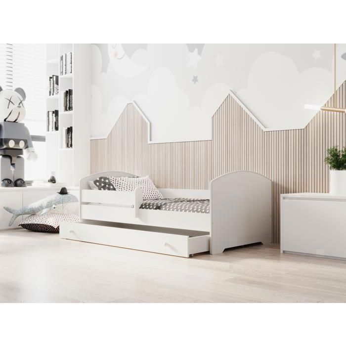 Cama infantil completa de 80x180 cm con colchón, somier de láminas, cajón de almacenamiento, barandilla de seguridad y cama infantil convertible. Color blanco.