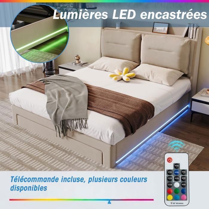 Letto contenitore - TKOPY - Letto matrimoniale per adulti 180x200 cm con illuminazione a LED e 2 testiere - Letto imbottito con cassetti e contenitore - Velluto beige