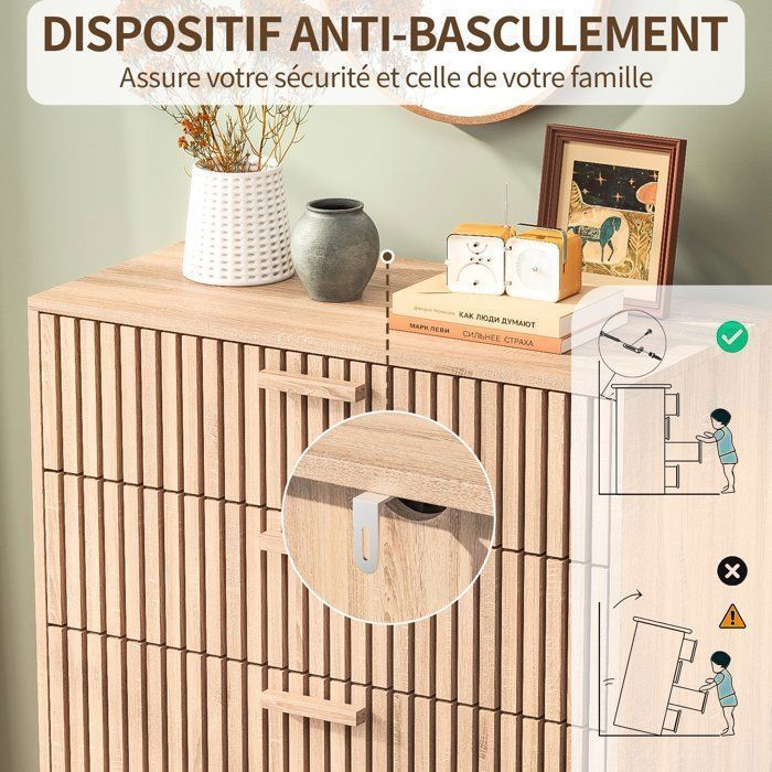 Cómoda de 4 cajones, mueble de almacenamiento para dormitorio, cómoda/armario de madera, 60x34x91 cm, estilo escandinavo moderno, color madera natural.