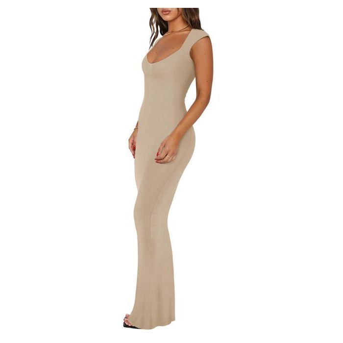 Vestido longo canelado bege REORIA tamanho XS — Decote quadrado, ideal para gestantes e lactantes, modelagem sereia