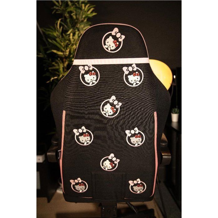 Silla de oficina para videojuegos - KONIX - Hello Kitty - Respaldo reclinable 150° - Tapicería de tela - Cojín - Reposapiés - Negro y rosa