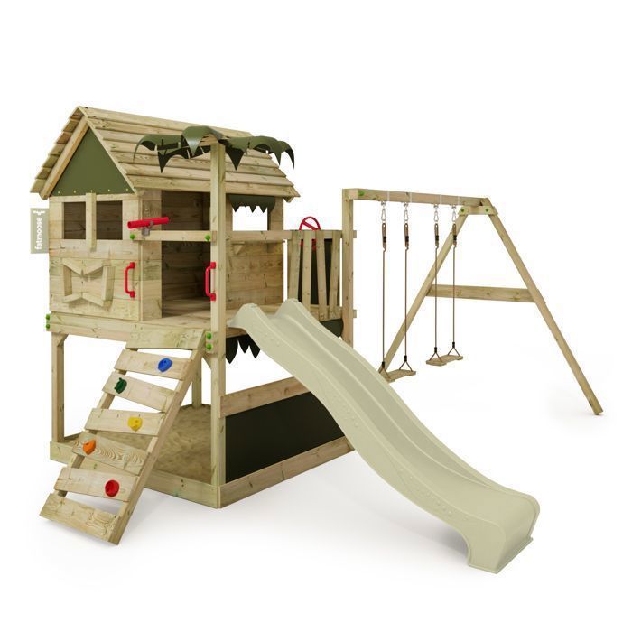 Torre de juegos de madera FATMOOSE TikaTaka Town XXL con tobogán verde salvia de 220 cm y arenero integrado – 10 años de garantía*