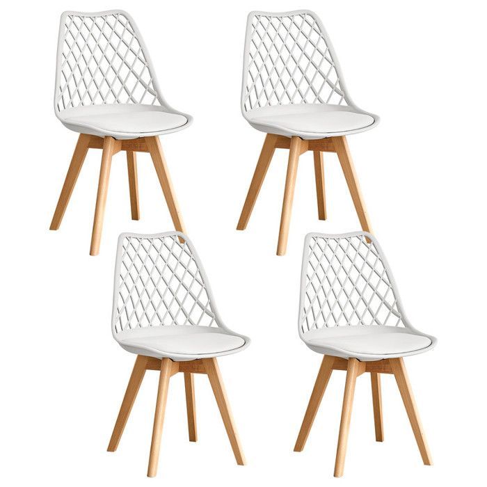 Set of 4 Dining Chairs - Scandinavian Style - Solid Wood Legs - Openwork Backrest (White)