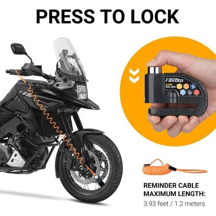 Antivol moto avec alarme - OKZ - Alarme 110 dB - 2 clés - Clé en L - Piles de rechange - Câble de rappel