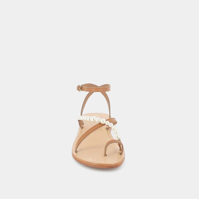 Sandales à brides et perles  en cuir camel