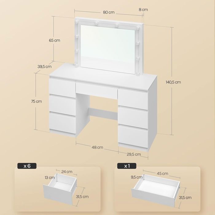 Tocador WOLTU - Espejo LED con brillo ajustable - 7 cajones grandes - Mesa de maquillaje blanca W0ETT0020
