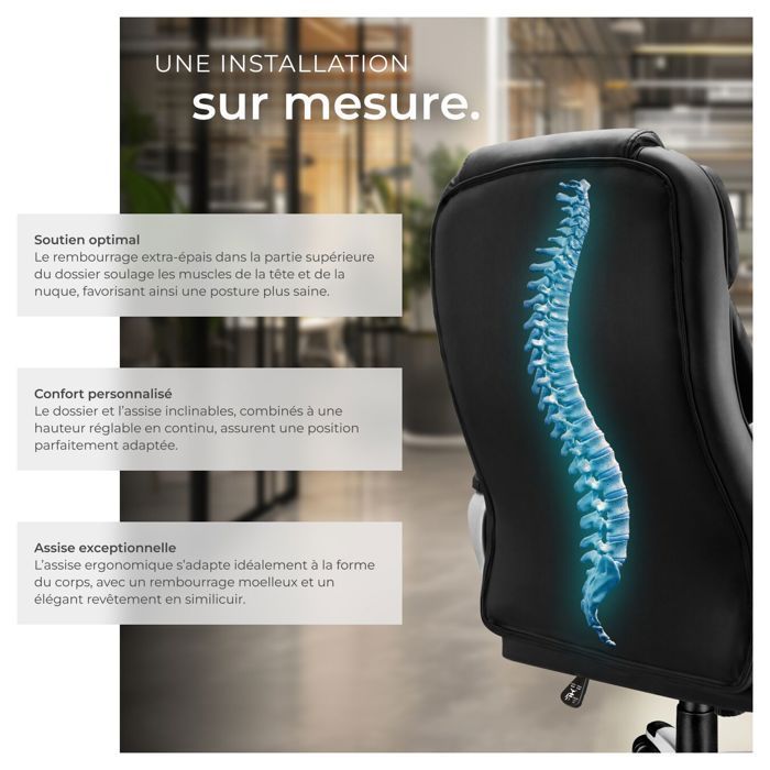 Chaise de bureau - TECTAKE - Fauteuil de direction JONAS avec accoudoirs rembourrés et fonction de bascule réglable - Noir