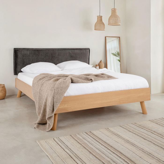 Conjunto de cama futón doble KARRI con cabecero para adultos, 140 x 200 cm, en madera maciza, color gris y roble.