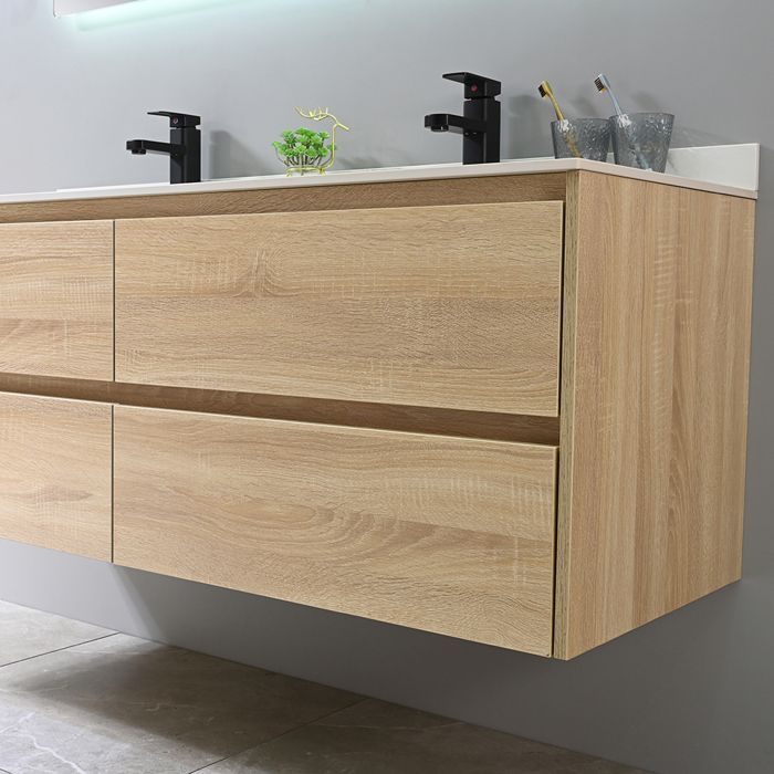 Móvel de banheiro LuxuryBain com pia dupla de 140 cm em madeira com efeito mármore branco e espelho com LED LB-8475