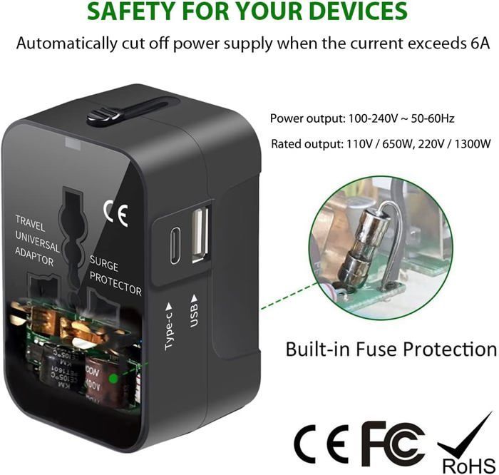 Adaptador de enchufe de viaje universal, con USB C, adaptador universal de Francia a EE. UU., UE, Reino Unido, Alemania, Australia, China y Japón, color negro.