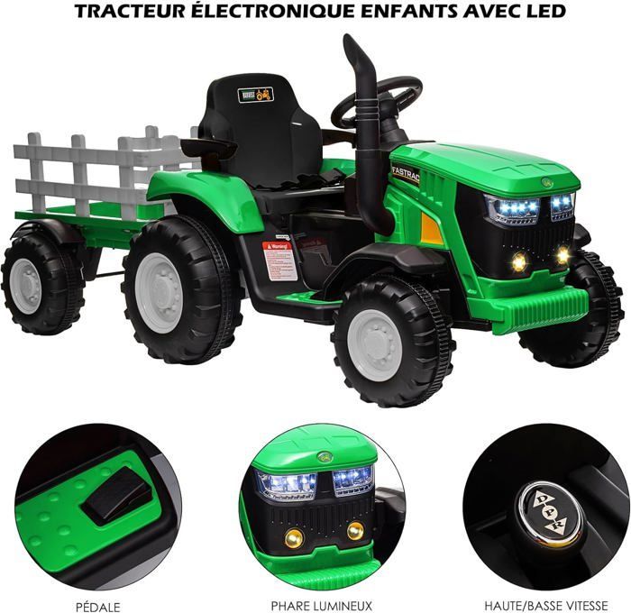 Tractor eléctrico de 12 V para niños con remolque desmontable y dos motores de 35 W - BALOVEBY - Verde - A partir de 18 meses - 30 kg