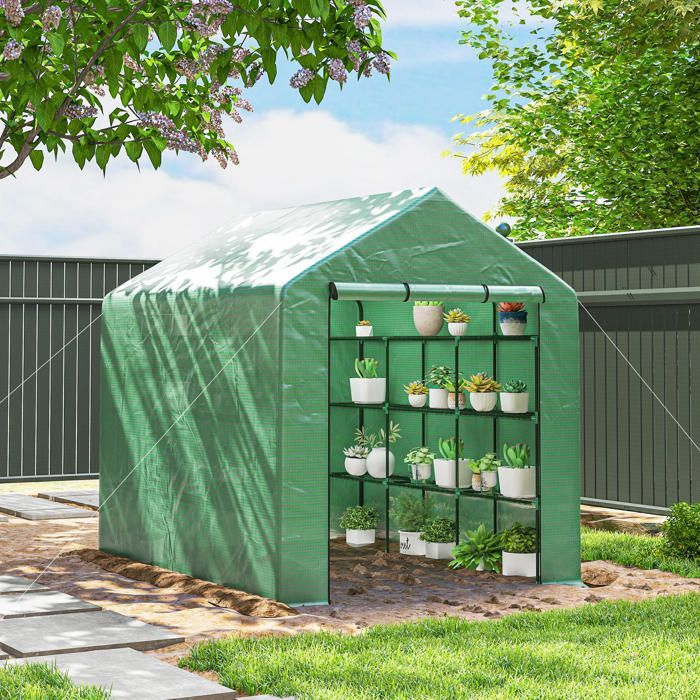 Serre de jardin - Outsunny - étagères 3 niveaux - porte enroulable - bâche PE renforcée, tube en acier - 244 x 180 x 210 cm - vert