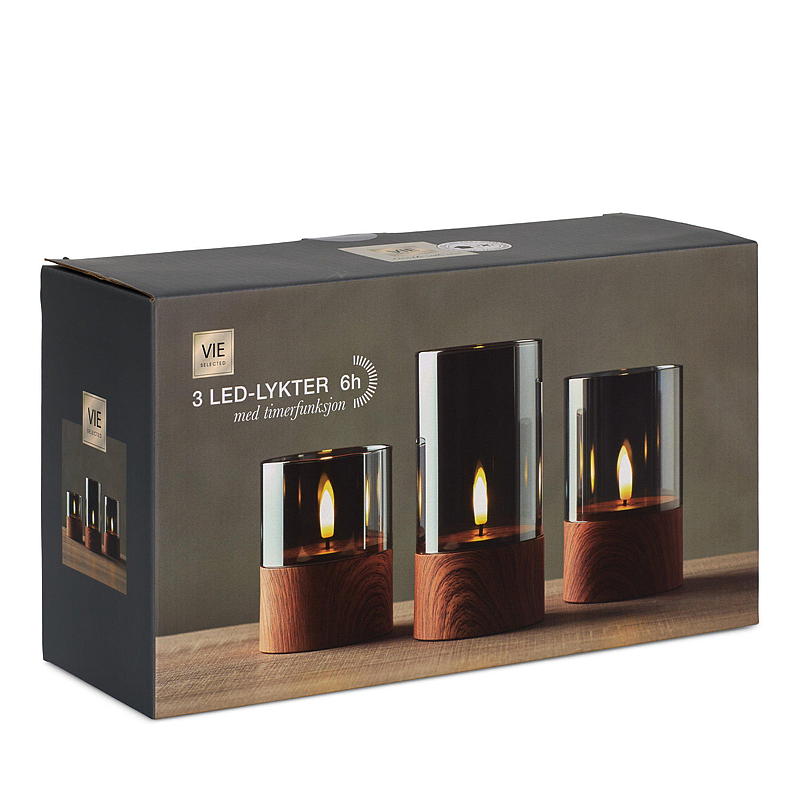 Vie Selected LED-lampen, 3 stuks, met gladde glazen en houten voet.