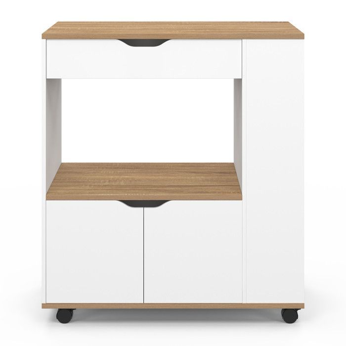 IDMARKET COSI kitchen microwave cart with drawer and spice shelves, white wood and beech-effect shelves, L.76 cm