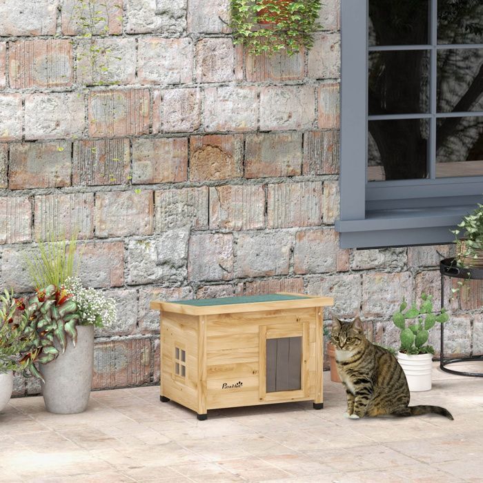 Caseta para gatos - PawHut - caseta elevada de madera para exteriores con techo de asfalto y puerta con cortina - madera - 57x45x43cm - amarillo