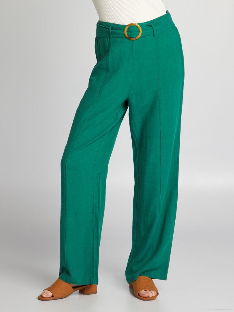 Hoge taille linnen broek met wijde pijpen - GROEN