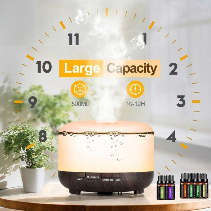 Difusor de aceites esenciales de 500 ml con control remoto, luz LED de 7 colores y humidificador de aire ultrasónico.