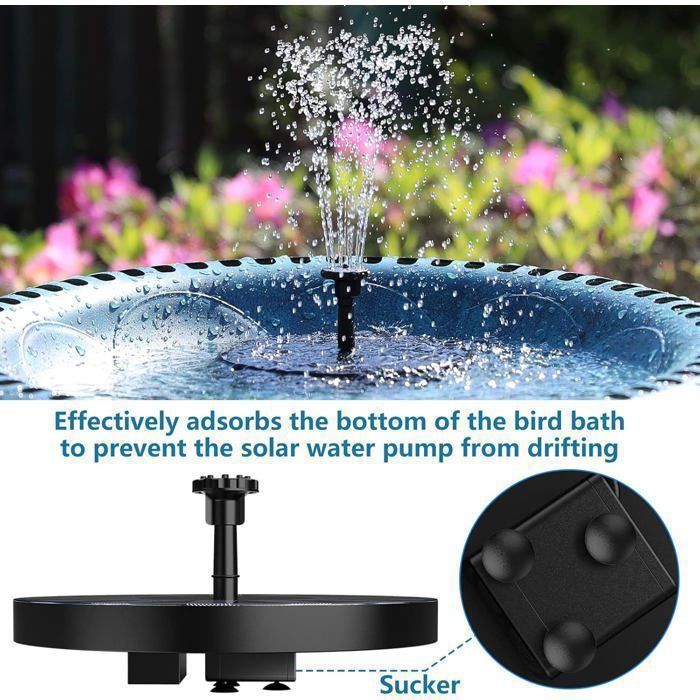 Bomba solar flotante para fuentes exteriores con 6 boquillas para bebederos de pájaros, estanques y piscinas - Muebles de jardín