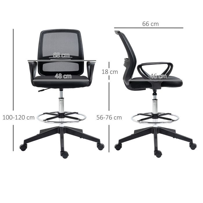 Office chair - Vinsetto - adjustable high seat - dimensions 59.5L x 60W x 102.5-126H cm - 360° swivel - breathable mesh - black