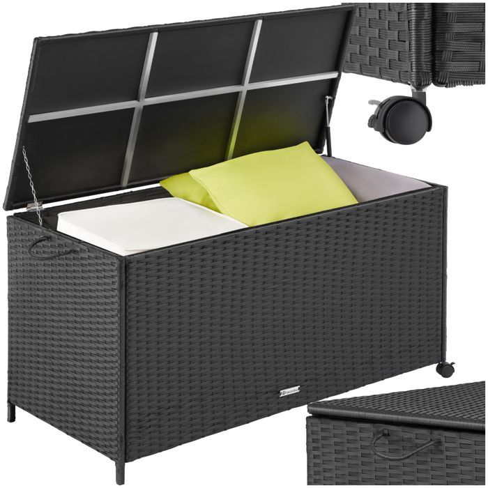 TECTAKE - Caja de almacenamiento Kuusamo - Cofre de exterior de poliratán, aluminio, con ruedas - 117 x 54 x 64 cm - Negro