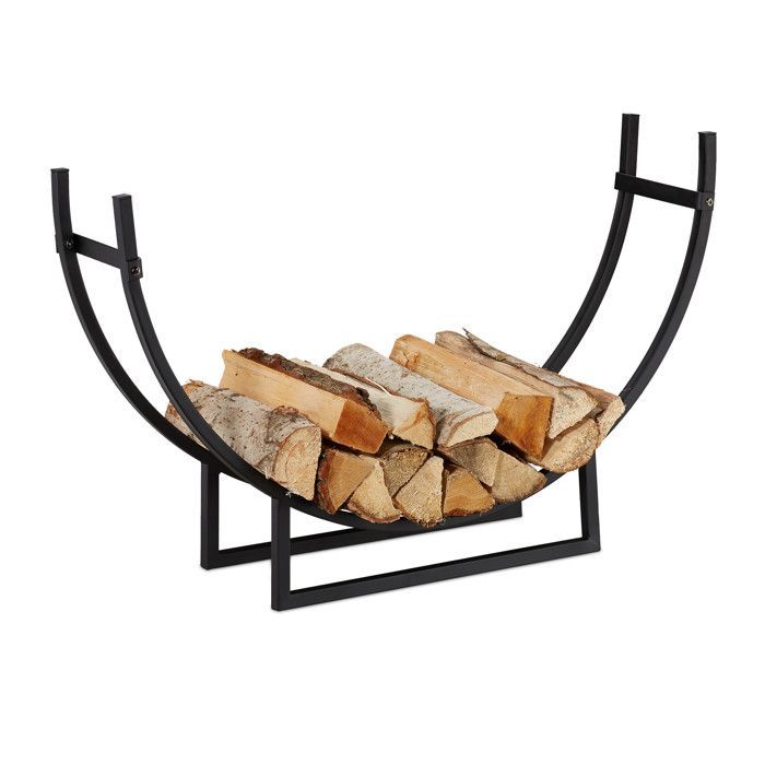 Estante para chimenea Relaxdays, soporte para leña semicircular, madera, acero, estante en forma de media luna, alto x ancho x profundidad: 55 x 92 x 21 cm, negro