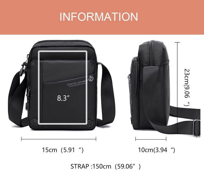 Shoulder Bag - David Jones - Men's Nylon Shoulder Bag - Black