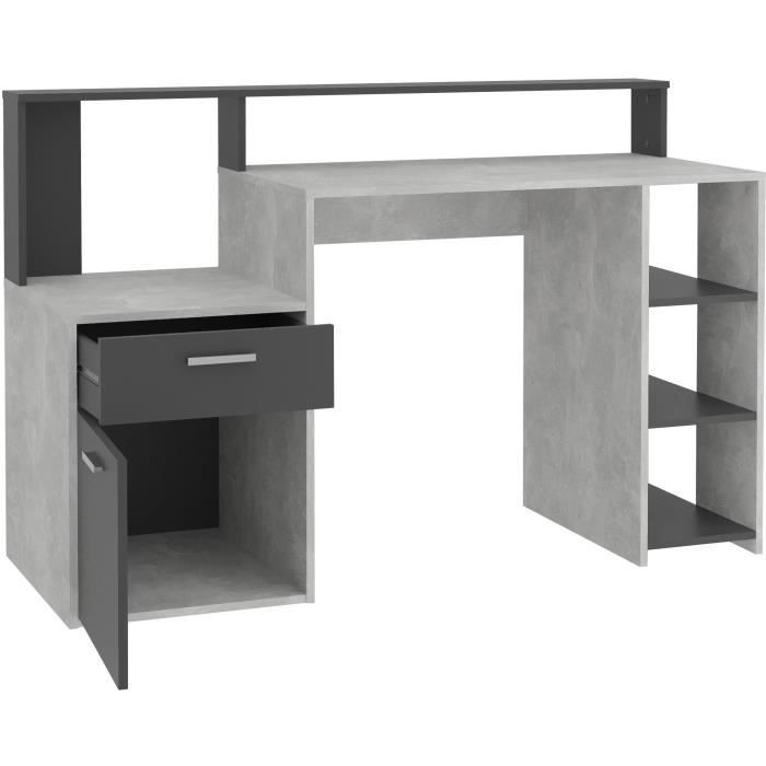 BOLTON desk with riser and storage - Concrete grey/anthracite melamine - W138.5 x H91.6 x D53.5 cm