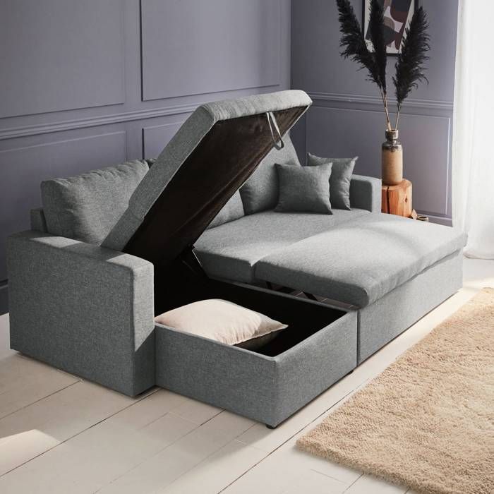 Sofá-cama de canto em tecido cinza claro - IDA - 3 lugares. Poltrona de canto reversível com compartimento de arrumação e cama modular.