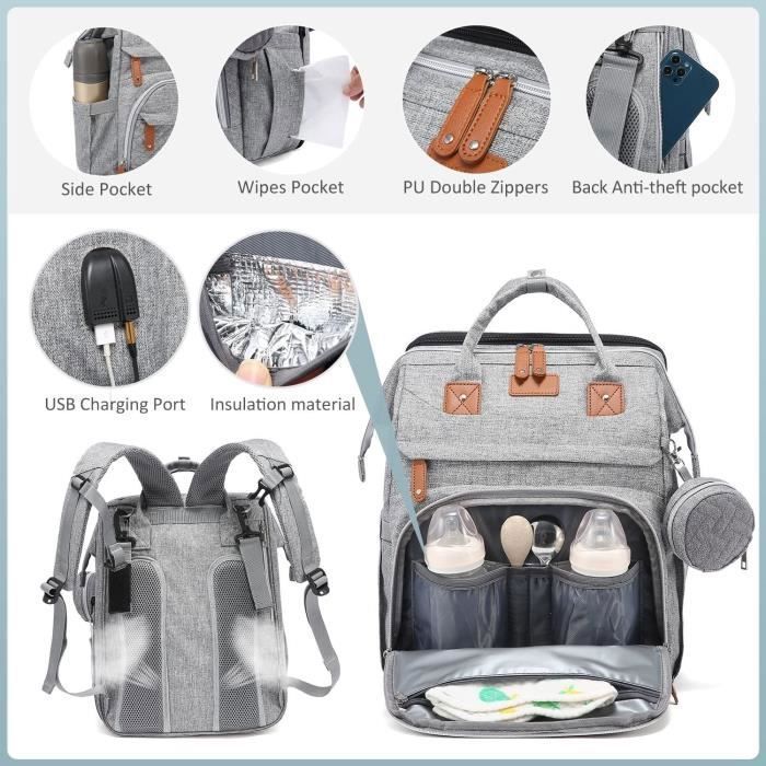 Sac à Dos à Langer avec Matelas à Langer pour Bébé – Grande Capacité Sac à Couches Multifonction Imperméable Sac de Voyage avec