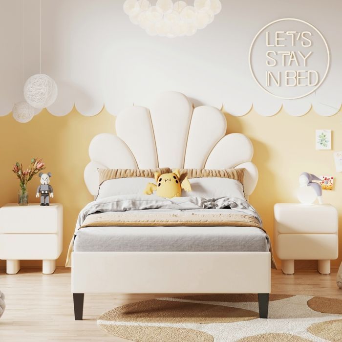 Lit simple 90x200, cadre de lit avec tête de lit en forme de fleur et sommier à lattes, Lit enfant rembourré, velours, Beige