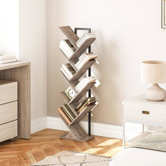 HOOBRO Bibliothèque à 9 Niveaux sur Pieds, Étagère en Forme d'Arbre, Meuble de Rangement pour Salon, Bureau, Décorative, Grège