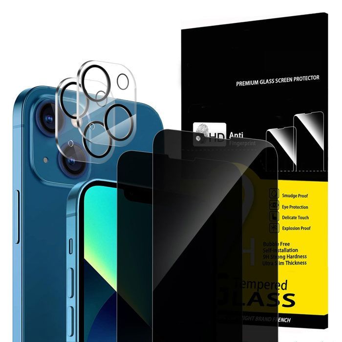 Kit de 4, 2 x Verre Trempé Anti-Espion pour iPhone 13 (6,1 Pouces) et 2 x Protection Caméra Arrière - Anti Rayures