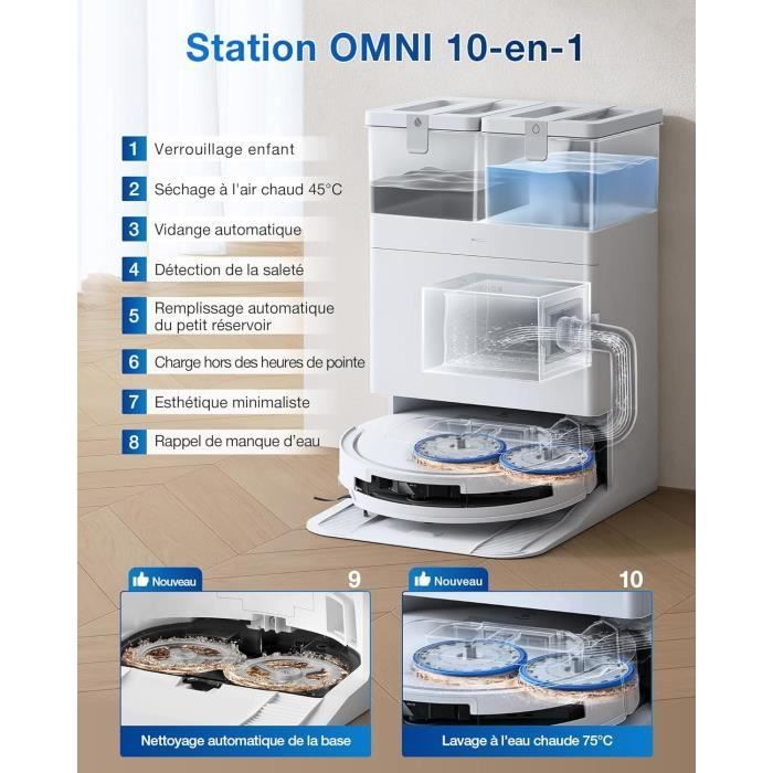 ECOVACS T50 OMNI White Gen2 - Aspirateur Robot avec Station - 21000Pa - Brosse latérale et serpillière Extensibles - ZeroTangle 2.0