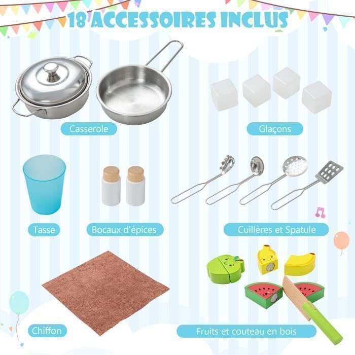 Cocina infantil de madera COSTWAY para niños de 3 a 6 años - 18 accesorios con fregadero, microondas, color blanco, dispositivo antivuelco