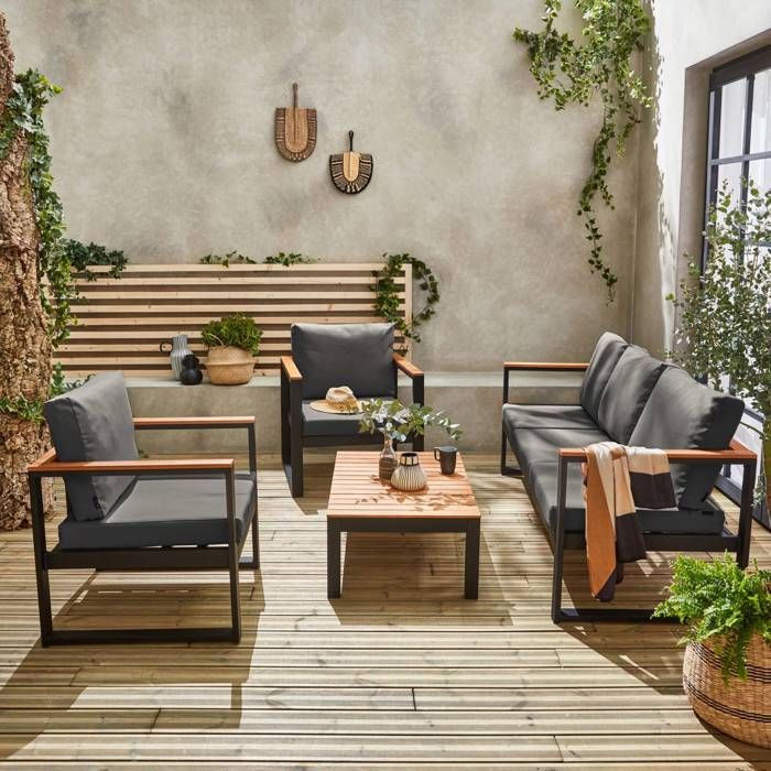 Conjunto de muebles de jardín de 5 plazas en aluminio y eucalipto – NAZCA – Estructura negra. Cojines gris oscuro.